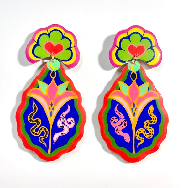 Hand Painted 4 Snakes Statement Peg Earrings