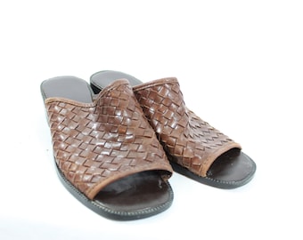 woven leather slides | 1990s womens leather sandal | Leather slides| Womens leather slides size 7.5| womens size 7.5 leather slides