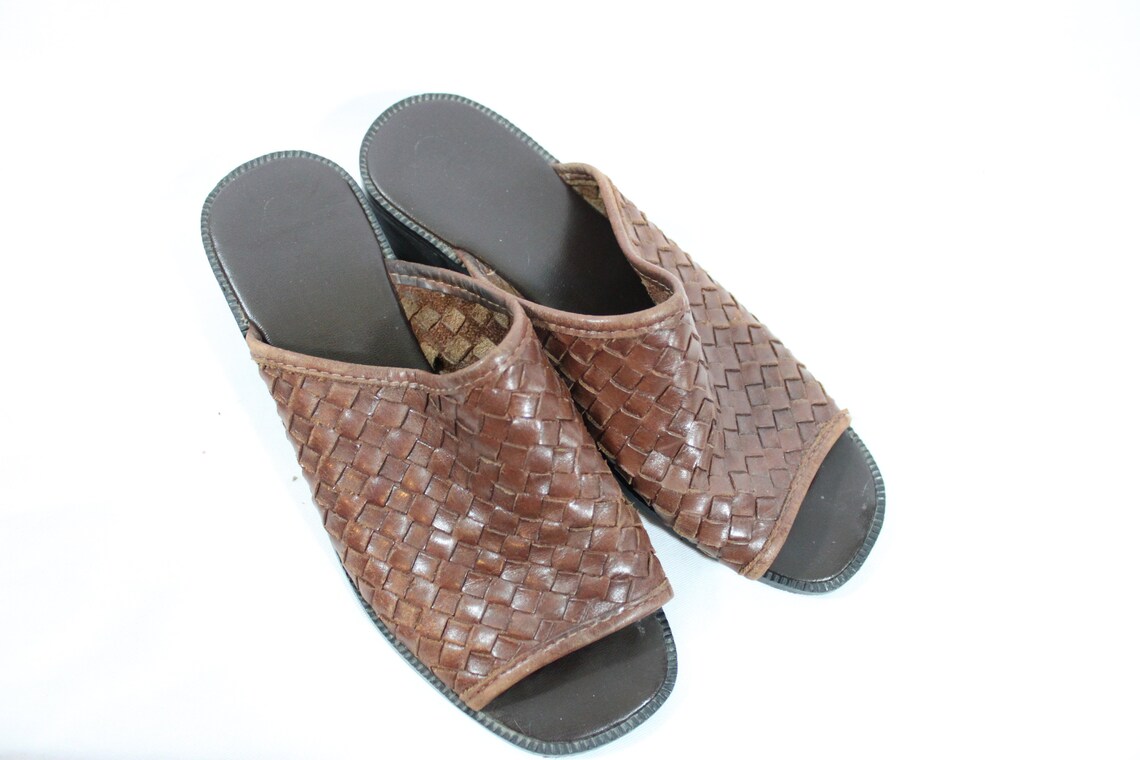 Woven leather slides 1990s womens leather sandal Leather | Etsy