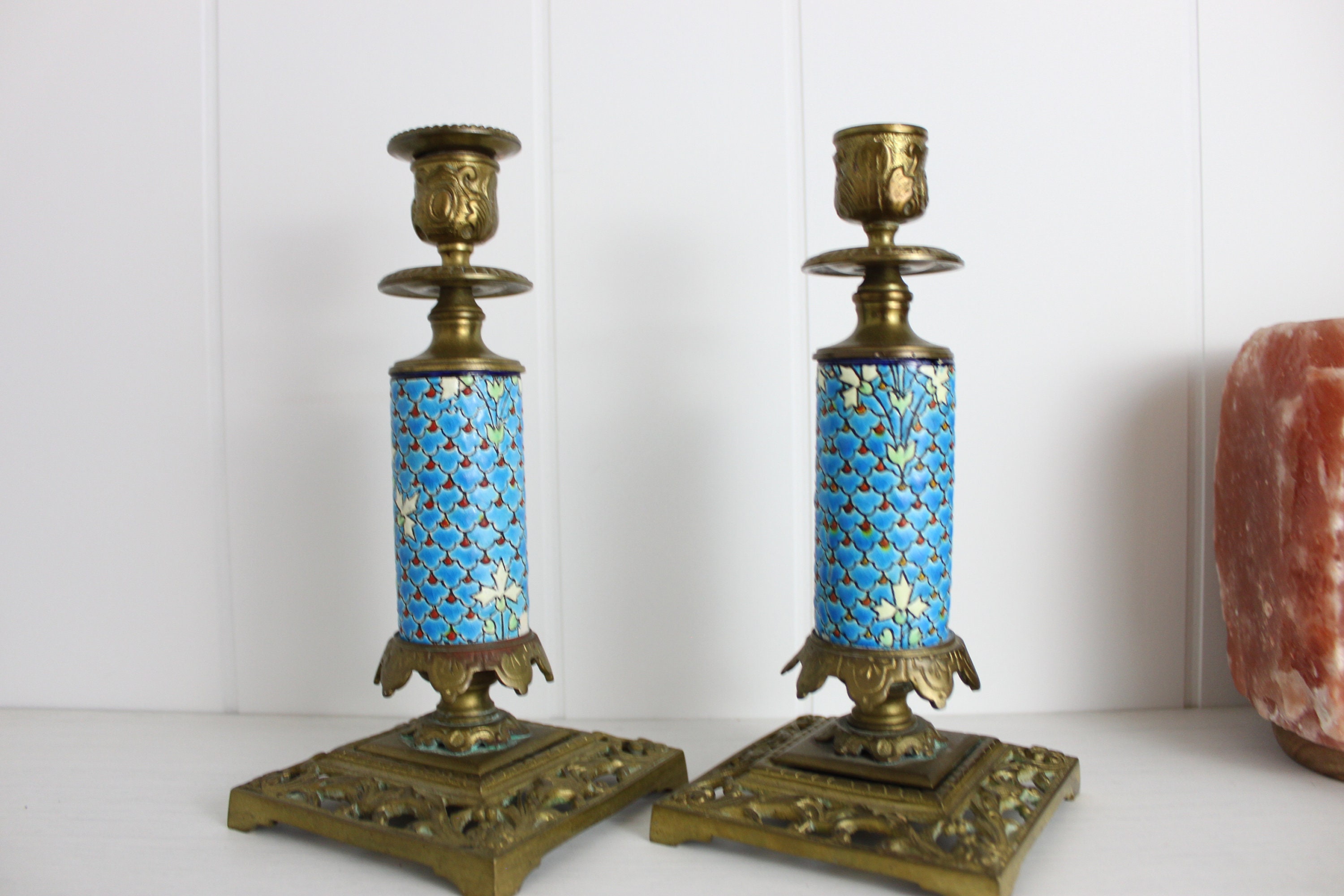 French Longwy Enamelled Pottery Chamberstick / Candle Holder with Lithophane