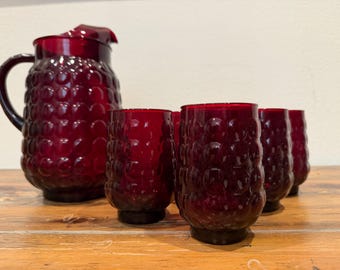 Anchor Hocking Royal Ruby Bubble Pitcher with 6 tall glasses