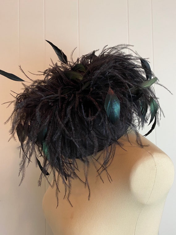 Black Feather Hat | Vintage Feather Hat with vail