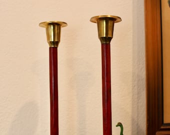Brass and wood candle stick holders | Candle stick holder set | vintage brass candlestick holders | Mid Century CandleStick holders