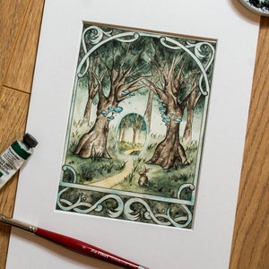 Enchanted Portal in Forest with Blue mushrooms - Original watercolour Fantasy Painting