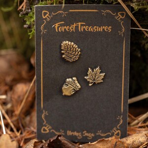 May include: A black card with the text "Forest Treasures" and three gold-colored pins: a pinecone, an acorn, and a maple leaf. The card is set against a backdrop of leaves and moss.