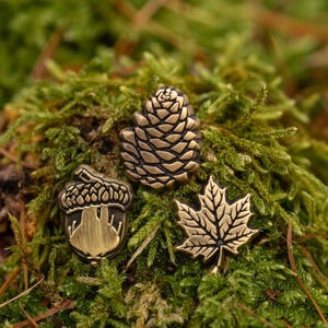 May include: Three bronze-colored pins: a pine cone, an acorn, and a maple leaf. The pins are set against a backdrop of green moss and brown twigs, creating a natural, earthy aesthetic. The detailed designs of the pins are highlighted by the contrasting textures.