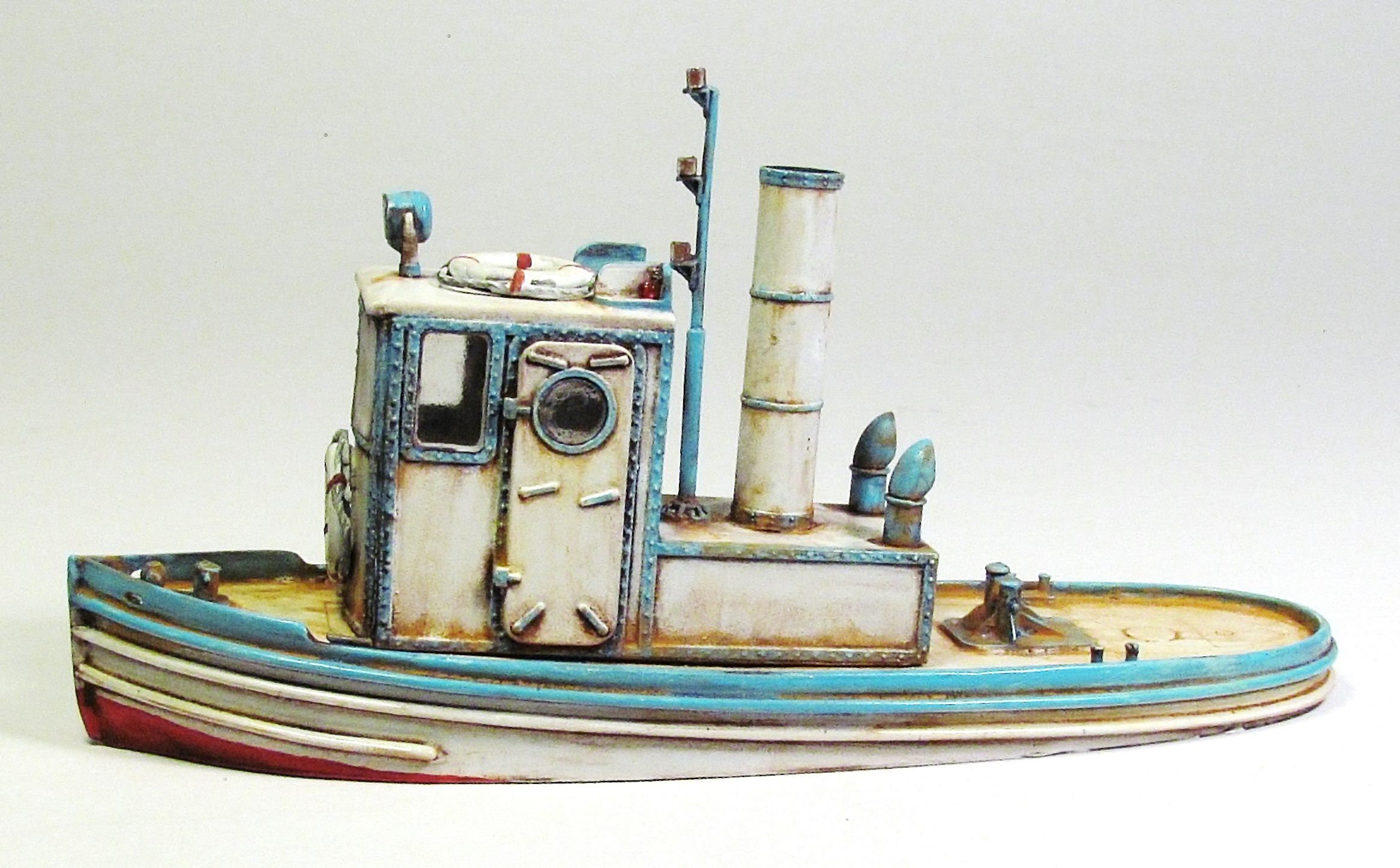 Handmade Wooden Fishing Tug Boat Nautical Ship Decor W594