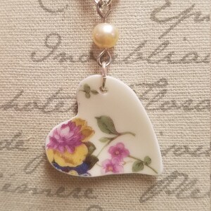 Floral Heart Vintage China Cabochon Pendant, Whimsical, Delicate, Elegant, Romantic, Mother&#39;s Day, Birthday, Valentines&#39;s Day, Gift