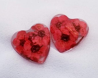 Real Dried Pressed Flower Earrings - - Bright Red Flowers - Multi Dimensional Heart Shape with Surgical Steel Studs