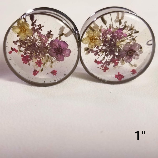 Deep Purple, White, - Small Red Real Dried Flower Gauges/Plugs - - VENDU COMME PAIRES - - 4g à 2 » (51mm) - Single Flare ou Double Flare