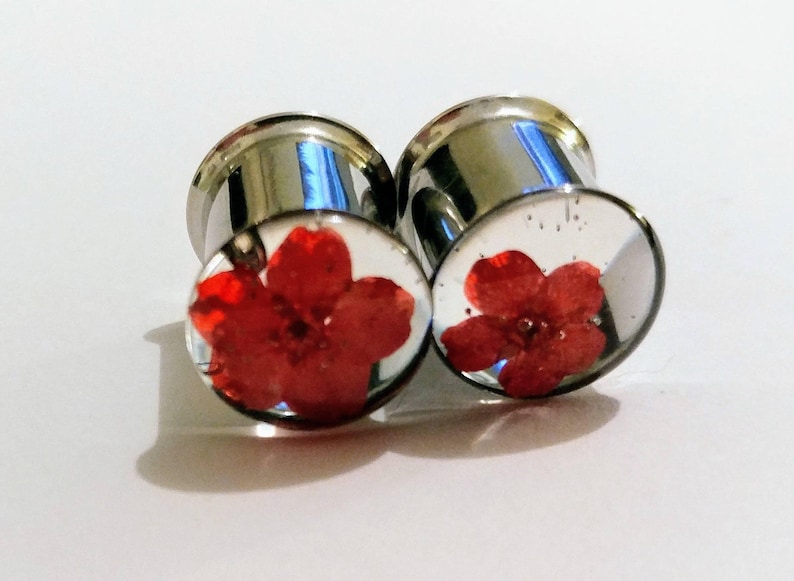 single flare or double flare sold in pairs Bright RED Real Dried FLOWER Girly PLUGS Gauges 0g 10mm and 00g 8mm