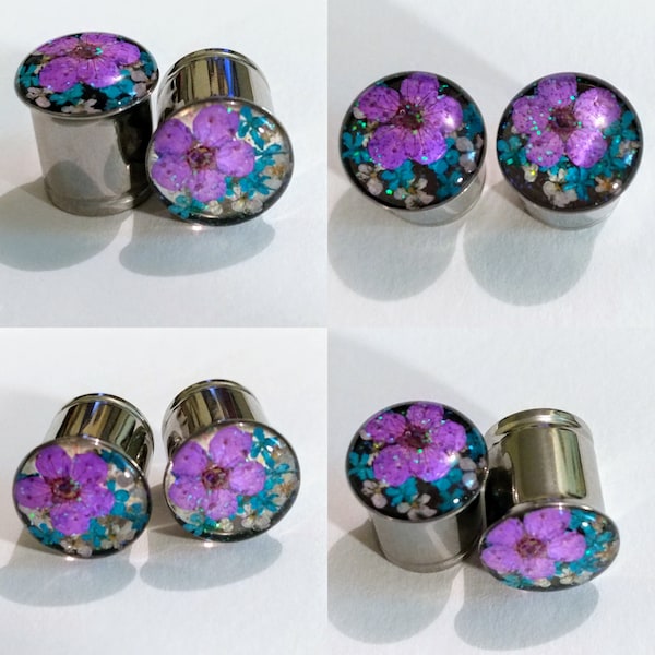 Bright Purple, Teal/Blue & White Real Dried Flowers w/ Glitter Gauges/Plugs - SOLD AS PAIRS - 4g to 2" (51mm) - Single Flare or Double Flare