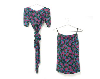 Vintage 1980s SAINT LAURENT Rive Gauche Silk Dress Set XS