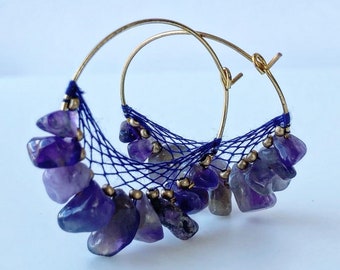 Amethyst Dreamcatcher hoop earrings gold plated