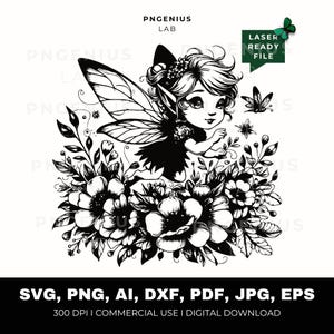 Peut inclure: Illustration en noir et blanc d'une fée avec de grandes ailes, assise au milieu de fleurs et de feuillages. Le texte "PNGENIUS LAB" et "LASER READY FILE" est inclus. Le bas de l'image affiche les formats de fichiers: SVG, PNG, AI, DXF, PDF, JPG, EPS.