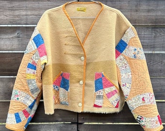 Upcycled Vintage Wool & Quilt Chore Coat mixed media thrifted antique reworked