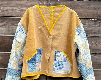 Upcycled Vintage Wool & Quilt Chore Coat mixed media thrifted antique reworked