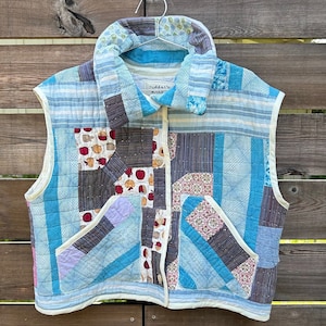 Handmade upcycled vintage quilt collared vest sustainable thrifted patchwork