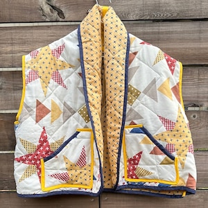 Upcycled quilt vest vintage sustainable retro geometrical