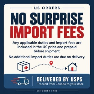 Puede incluir: Un gr&aacute;fico cuadrado con fondo crema y borde azul oscuro. El texto dice: US ORDERS NO SURPRISE IMPORT FEES. Any applicable duties and import fees are included in the US price and prepaid before shipment. No additional import duties are due on delivery. Una caja con una hoja de arce, un camino punteado con un pin de ubicaci&oacute;n, un icono de casa, un icono de cami&oacute;n de reparto y el texto DELIVERED BY USPS. Tracked from Canada to your door. SCHOONER LABS.