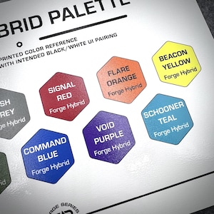 Puede incluir: Una hoja de referencia Hybrid Palette blanca con muestras de color hexagonales etiquetadas como Signal Red, Flare Orange, Beacon Yellow, Schooner Teal, Void Purple y Command Blue, cada una marcada con el texto Forge Hybrid en negro.