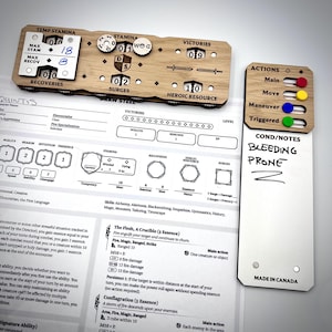 May include: Wooden tabletop gaming accessories, including a stamina tracker, action tracker, and character sheet. The stamina tracker has a max stamina of 18 and max recovery of 8. The action tracker has colored sliders.