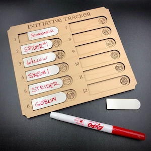 May include: A wooden initiative tracker with 12 numbered slots for players to track their turn order in a role-playing game. Each slot has a blank space for writing a character name and a small icon.