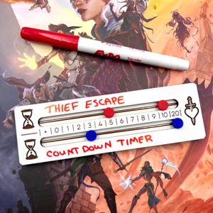 May include: A white game timer with the words "THIEF ESCAPE" and "COUNT DOWN TIMER" in red. It has red and blue markers and a dry erase marker on top. The background features fantasy art.