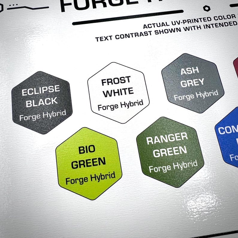 Puede incluir: Una tabla de muestras de color con iconos hexagonales etiquetados como Eclipse Black, Frost White, Ash Grey, Bio Green y Ranger Green, cada uno con el texto Forge Hybrid. La tabla incluye texto de encabezado sobre el contraste de color.