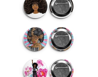 Assorted Set of Three 2.25" Black Girl Magic Pins | Afro Girl Natural Hair Pin Back Buttons