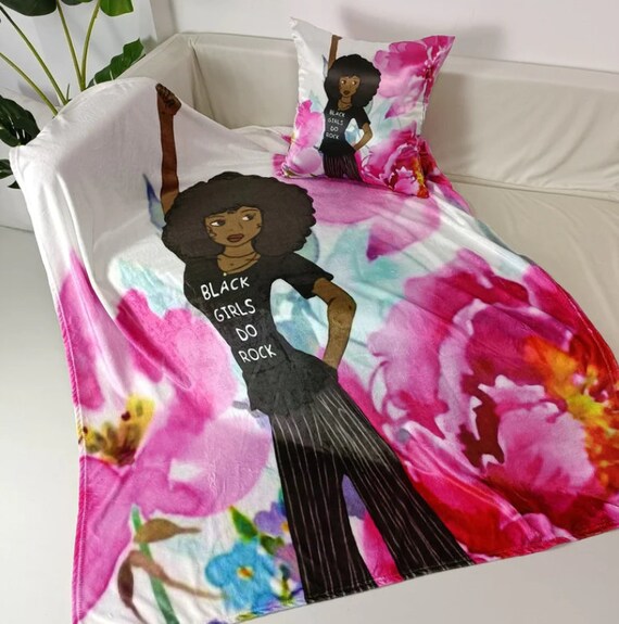 3 Piece Set Girls Rock Throw Blanket Black Owned Shop Gift for Friend Pillow Cover Sleep Mask Home Decor Gift for Black Girls Etsy
