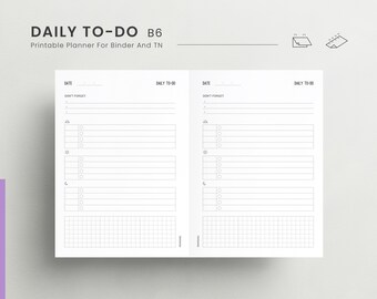 Könnte beinhalten: Ein druckbarer Tagesplaner für einen Ordner oder ein Notizbuch. Der Planer hat ein schlichtes Design mit Abschnitten für Datum, tägliche Aufgaben und nicht vergessen. Er enthält auch einen Rasterbereich für Notizen.