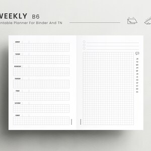 Könnte beinhalten: Ein druckbarer Wochenplaner in Schwarzweiß mit einem karierten Notizbereich und einem separaten Bereich für tägliche Aufgaben. Der Planer ist mit "WEEKLY B6 Printable Planner For Binder And TN" beschriftet.