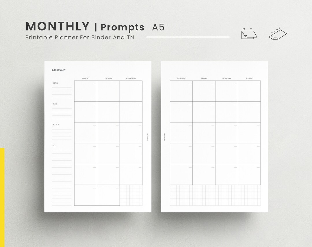 Monthly A5 Planner Insert, Undated Month on Two Pages Monday Start ...
