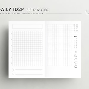 Może przedstawiać: Drukowany planer dzienny do notesu podróżnego. Planer zawiera kratkowaną sekcję na notatki oraz sekcję do śledzenia dnia tygodnia i miesiąca. Są też ikony dla warunków pogodowych.