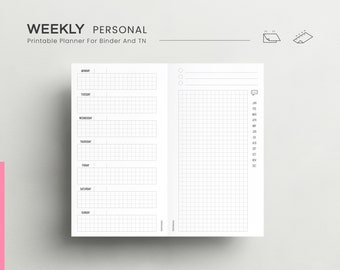 Weekly Personal Planner Insert, Undated week, Weekly Journal Pages, Agenda Weekly Planner, Weekly Daily Planner Template, Note Pages, 1W2P
