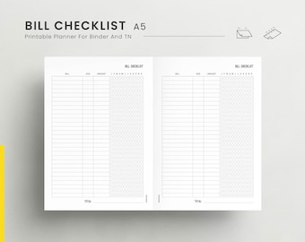 Bill Checklist A5 Planner Insert, Fixed Expense Tracker , Monthly Bill Payment, Bill Organizer, Annual Bill Tracker Tracker