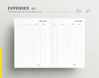 May include: A black and white printable expense tracker planner for A5 binders and TNs. The planner has two pages with columns for date, details, category, and amount. The planner has a total section at the bottom of each page.