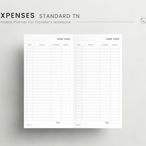 May include: A printable expense tracker for a Traveler's Notebook. The design features two facing pages with columns for date, details, category, and amount. The title "EXPENSES STANDARD TN" is at the top, with the words "Printable Planner For Traveler's Notebook" below.