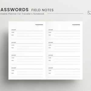 Lösenord Fältanteckningar TN Planner Infoga, Lösenordsspårningslista, Lösenordsorganisatör, Lösenordslogg Infoga, Lösenordsmall Infoga