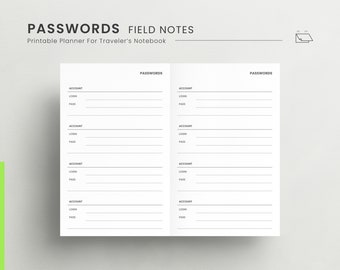 Passwords Field Notes TN Planner Insert, Password Tracker List, Password Organizer, Password log Insert, Password Template Insert