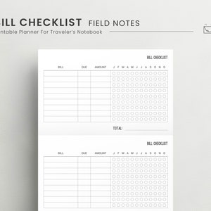 Bill Checklist Field Notes TN Planner Insert, Fixed Expense Tracker , Monthly Bill Payment, Bill Organizer, Annual Bill Tracker Tracker