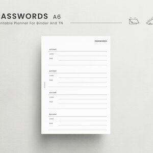 Passwords A6 Planner Insert, Password Tracker List, Password Organizer, Password log Insert, Password Template Insert