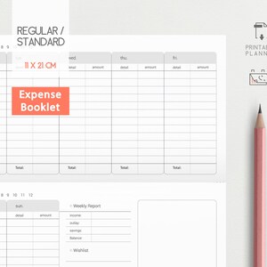 Puede incluir: Cuaderno de gastos imprimible con una sección de informe semanal. El cuaderno mide 11 pulgadas por 21 pulgadas y tiene un esquema de color gris y blanco.