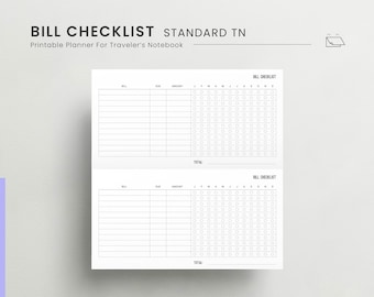 Bill Checklist Standard TN Planner Insert, Fixed Expense Tracker , Monthly Bill Payment, Bill Organizer, Annual Bill Tracker Tracker