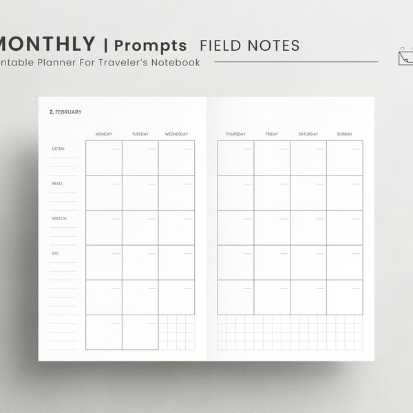 Monthly Field Notes TN Planner Insert, Undated Month on Two Pages Monday Start, Month at a glance, Monthly Layout for Planning or Journaling