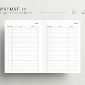 Wishlist B6 Planner Insert, Checklist Tracker Page, Shooping List, Gifts Wishlist, Purchase Tracker List, Printable List Page