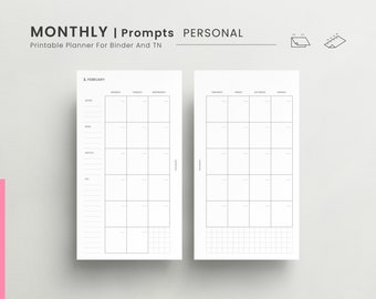 Inserto de planificador personal mensual, mes sin fecha en dos páginas, inicio el lunes, mes de un vistazo, diseño mensual para planificar o llevar un diario