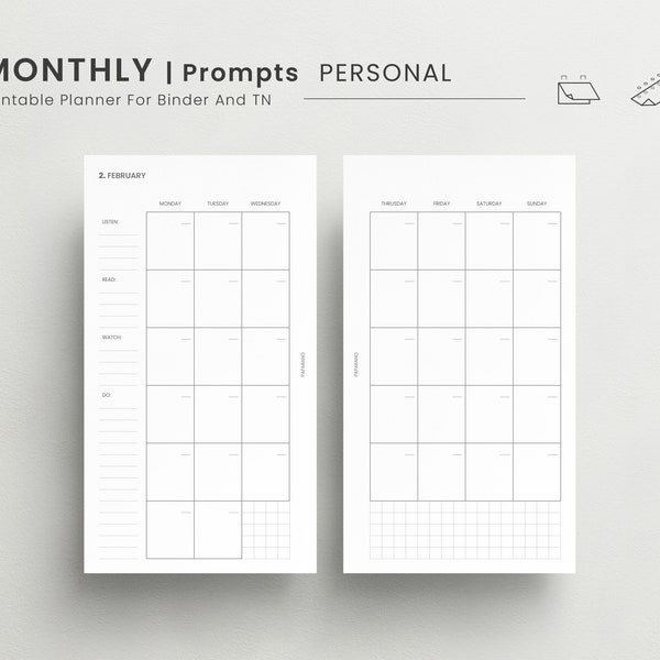 Monthly Personal Planner Insert, Undated Month on Two Pages Monday Start, Month at a glance, Monthly Layout for Planning or Journaling