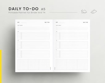Könnte beinhalten: Ein druckbarer täglicher To-Do-Listen-Planer im A5-Format. Der Planer hat zwei Seiten mit Abschnitten für Datum, nicht vergessen und eine Liste von Aufgaben mit Kontrollkästchen. Der untere Teil jeder Seite hat einen Gitterabschnitt.